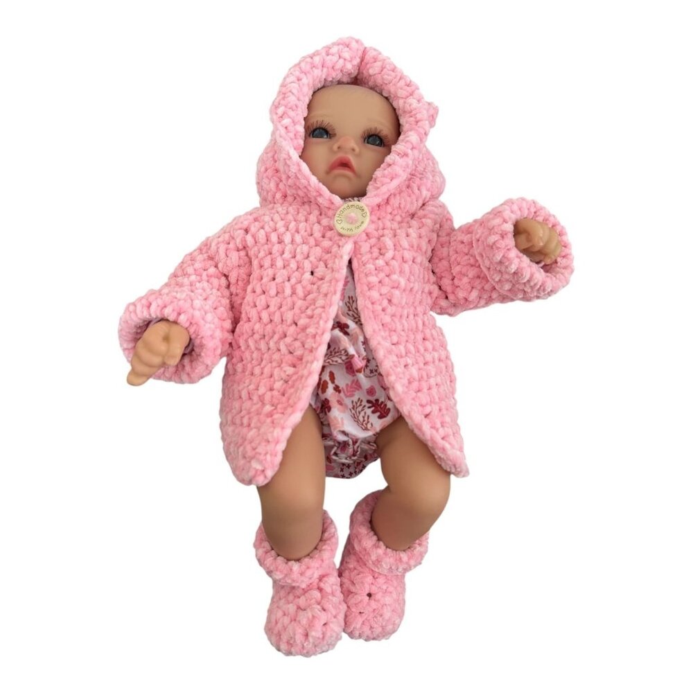 Handmade Pink Chenille Newborn Baby Hoodie & Booties Set Bear Ears Soft Plush - Picture 9 of 16